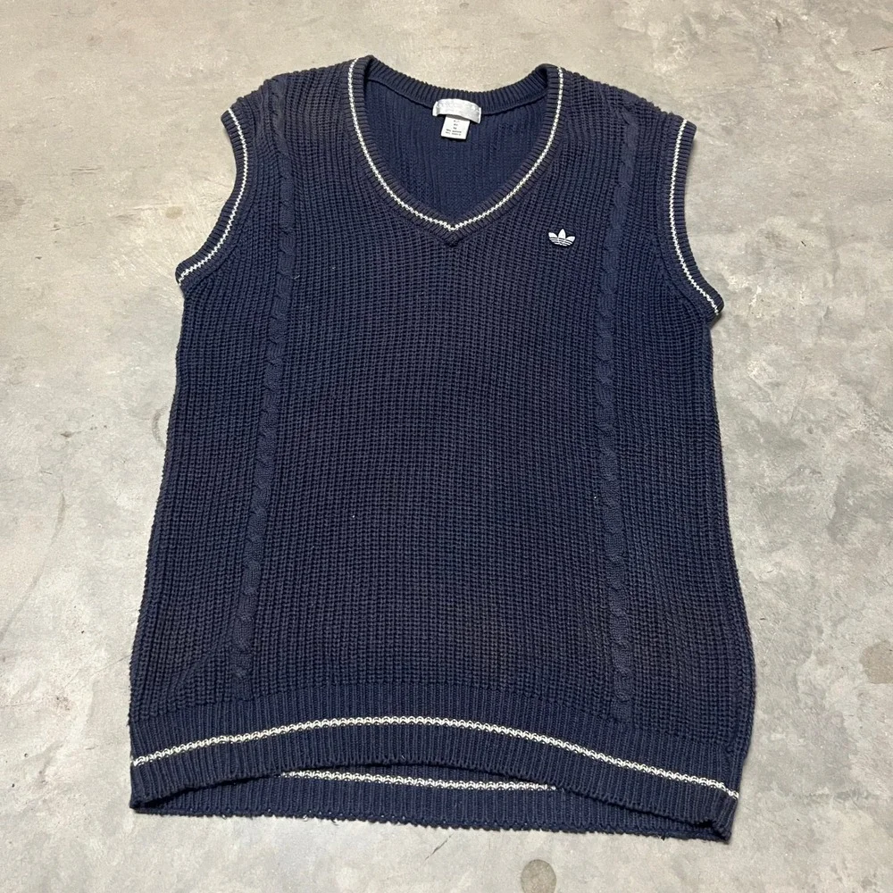 Vintage Adidas Trefoil Sweater Vest Mens Medium Navy Blue Cable Knit V-Neck M12T